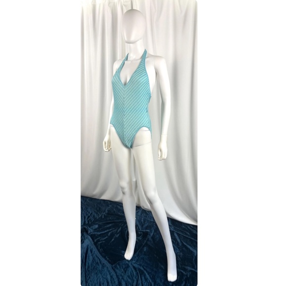 Vintage 1970’s 1980’s Bobbie Brooks Baby Blue Striped One Piece Bathing Suit • S - Picture 9 of 9